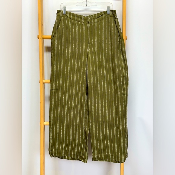 KAARI BLUE Olive green with white stripe wide leg pants size L - Picture 1 of 11